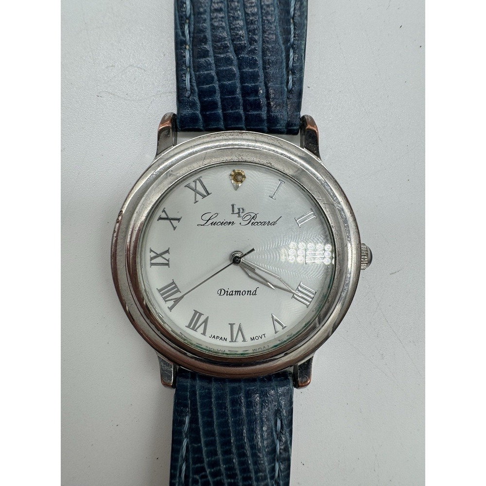 Lucien Piccard Diamond Watch Silver Tone Blue Leather Strap 2803-RD Roman Numera